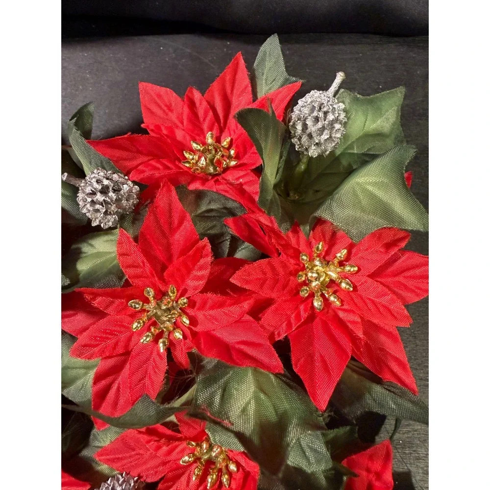 Vintage Christmas Poinsettia Candle Rings Red Silk Floral Silver Pinecones Set 4
